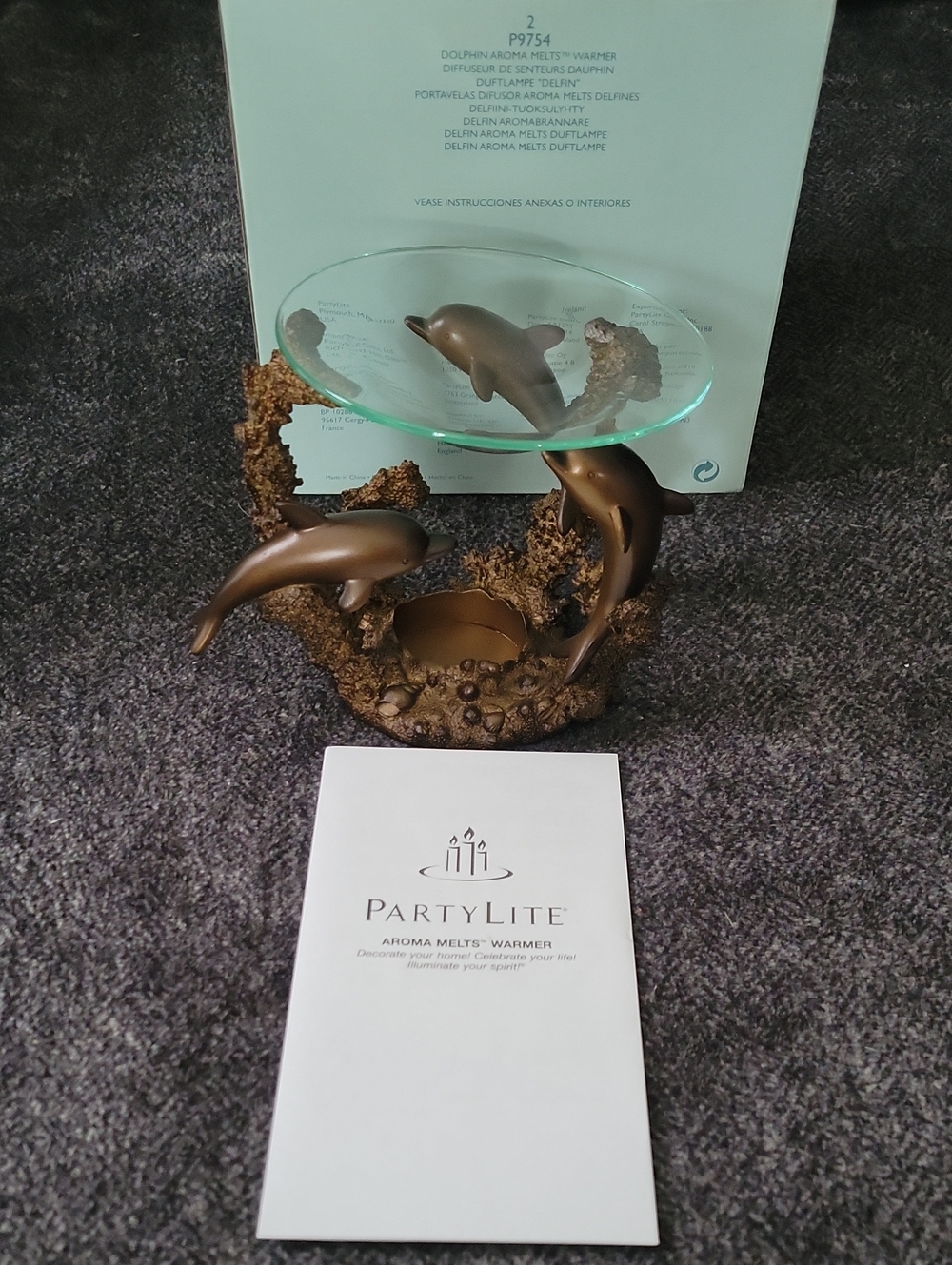 PartyLite Bronze Dolphin Aroma Warmer with Glass Dish